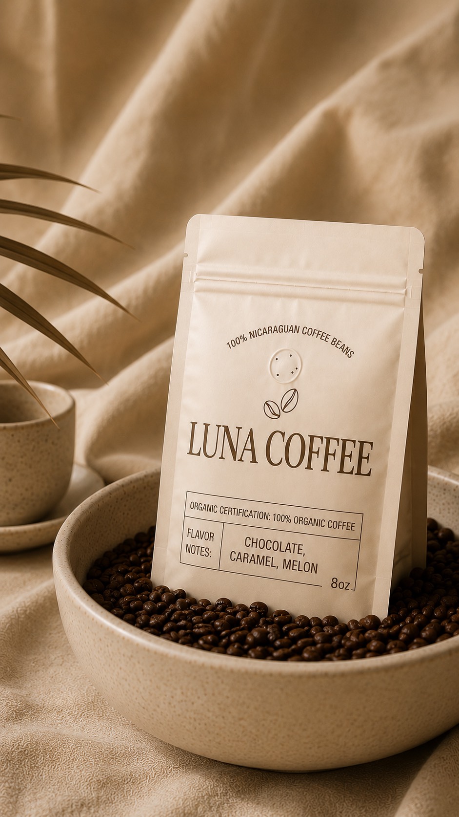 Luna Coffee 8oz bag in a bowl of beans