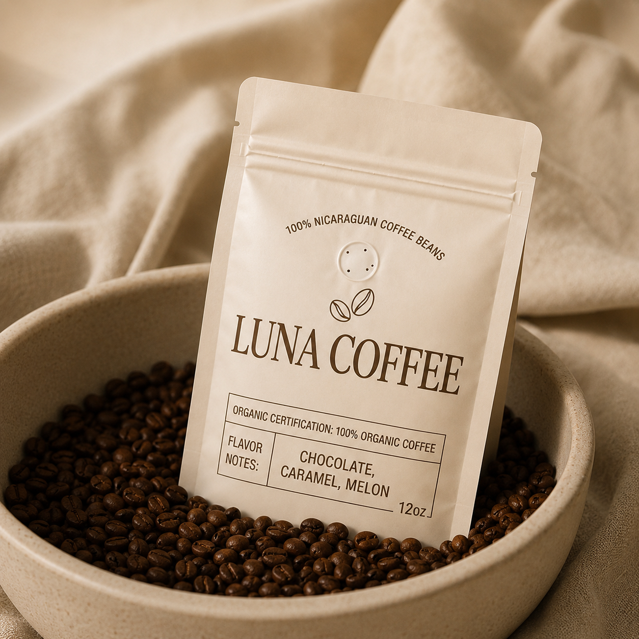 Luna Coffee bag in a bowl of beans